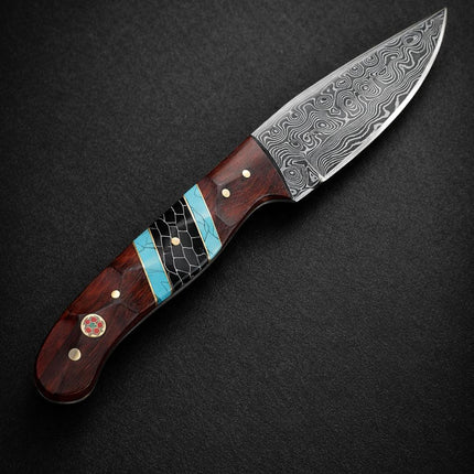 Hand-Forged Damascus Steel Drop Point Outdoor Utility Tool | Rosewood, Turquoise & Black Honeycomb Handle - TK-503