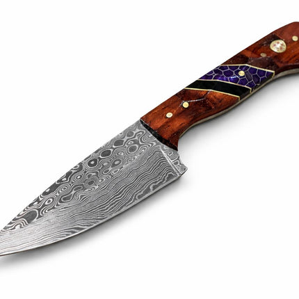 Hand-Forged Damascus Steel Drop Point Outdoor Utility Tool | Rosewood, Black & Purple Honeycomb Handle TK-510