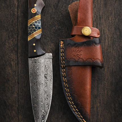Hand-Forged Damascus Steel Drop Point Outdoor Knife | Diamond Wood, Black Honeycomb Resin Handle | Leather Sheath - TK-511