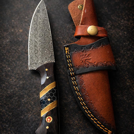 Hand-Forged Damascus Steel Drop Point Outdoor Knife | Diamond Wood, Black Honeycomb Resin Handle | Leather Sheath - TK-511