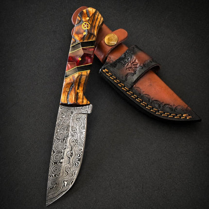Hand-Forged Damascus Steel Drop Point Knife | Bocote Wood & Ruby Red Resin Handle | Leather Sheath TK-512
