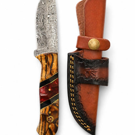 Hand-Forged Damascus Steel Drop Point Knife | Bocote Wood & Ruby Red Resin Handle | Leather Sheath TK-512