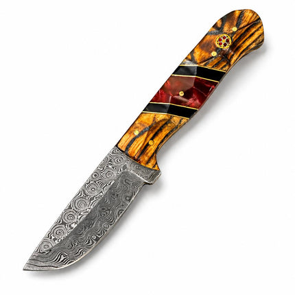 Hand-Forged Damascus Steel Drop Point Knife | Bocote Wood & Ruby Red Resin Handle | Leather Sheath TK-512