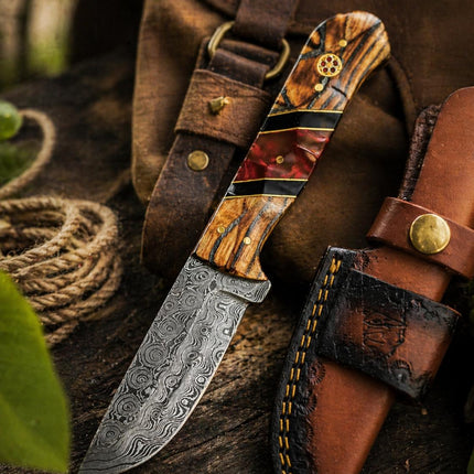 Hand-Forged Damascus Steel Drop Point Knife | Bocote Wood & Ruby Red Resin Handle | Leather Sheath TK-512