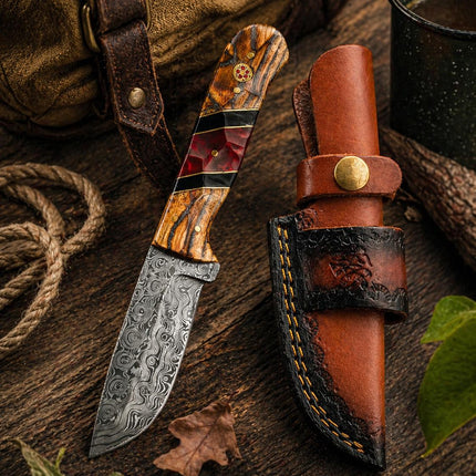 Hand-Forged Damascus Steel Drop Point Knife | Bocote Wood & Ruby Red Resin Handle | Leather Sheath TK-512