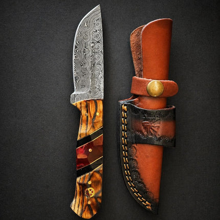 Hand-Forged Damascus Steel Drop Point Knife | Bocote Wood & Ruby Red Resin Handle | Leather Sheath TK-512