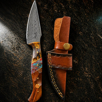 "Painted Mesa" Damascus Hunting Knife | Cocobolo Rosewood & Turquoise Mosaic Handle | Hand-Tooled Leather Sheath TK-514