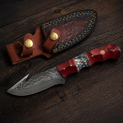 Damascus Steel Fixed Blade Hunting Knife with Gut Hook, Padauk Wood & Cobra Honeycomb Resin Inlay Handle for Field Dressing & Camping with Custom Leather Sheath TK-517