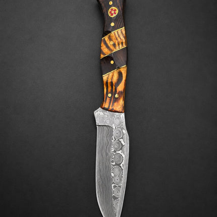 "Tiger Run" Damascus Hunting Knife | Wenge & Tigerwood Segmented Handle | Two-Tone Hand-Tooled Leather Sheath TK-518