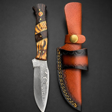 "Tiger Run" Damascus Hunting Knife | Wenge & Tigerwood Segmented Handle | Two-Tone Hand-Tooled Leather Sheath TK-518