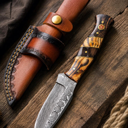 "Tiger Run" Damascus Hunting Knife | Wenge & Tigerwood Segmented Handle | Two-Tone Hand-Tooled Leather Sheath TK-518