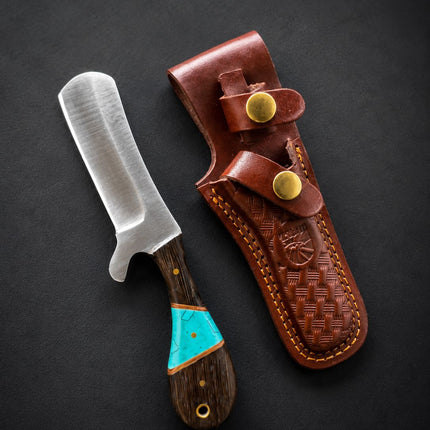"Malachite Range" Bull Cowboy Cutter | Sheepfoot High Carbon Steel | Turquoise Inlay Wenge & Malachite Handle | Engraved Western Leather Sheath TK-519
