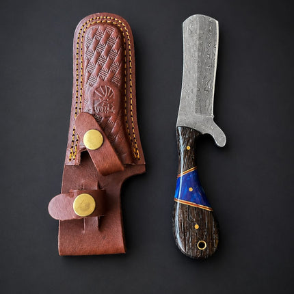 "Malachite Range" Bull Cowboy Cutter | Sheepfoot Damascus Steel | Blue Inlay Wenge & Malachite Handle | Engraved Western Leather Sheath TK-523