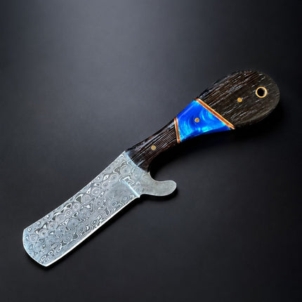 "Malachite Range" Bull Cowboy Cutter | Sheepfoot Damascus Steel | Blue Inlay Wenge & Malachite Handle | Engraved Western Leather Sheath TK-523
