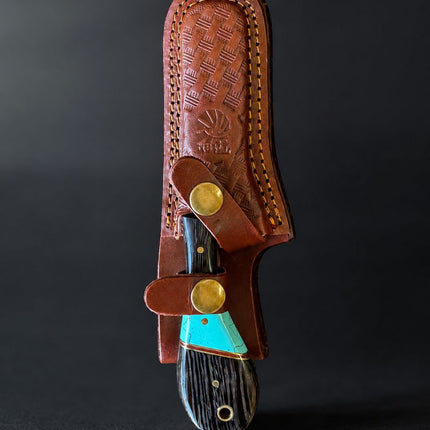 "Malachite Range" Bull Cowboy Cutter | Sheepfoot Damascus Steel | Turquoise Inlay Wenge & Malachite Handle | Engraved Western Leather Sheath TK-524