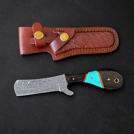 "Malachite Range" Bull Cowboy Cutter | Sheepfoot Damascus Steel | Turquoise Inlay Wenge & Malachite Handle | Engraved Western Leather Sheath TK-524