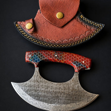 "Ruby Hive" Damascus Ulu Knife | Ruby & Cobalt Honeycomb Resin Handle | Custom Crescent Leather Sheath TK-525
