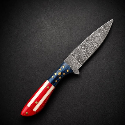 Premium Damascus Steel Fixed Blade Knife – Patriotic Edition with Tooled Leather Sheath TK-527