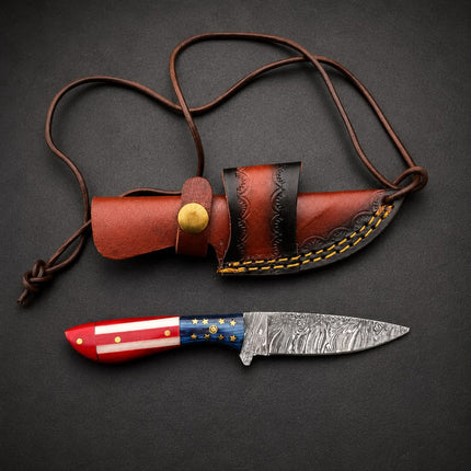 Premium Damascus Steel Fixed Blade Knife – Patriotic Edition with Tooled Leather Sheath TK-527
