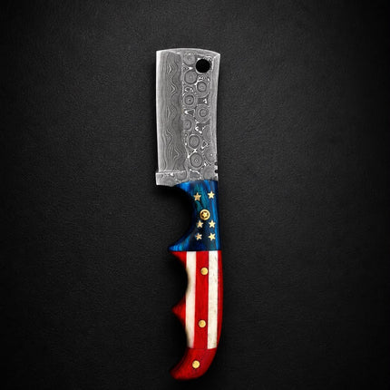 Premium Damascus Steel Fixed Blade Cleaver – Patriotic Edition with Tooled Leather Sheath TK-479