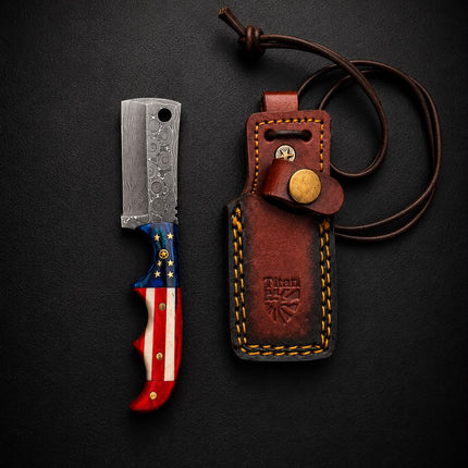 Premium Damascus Steel Fixed Blade Cleaver – Patriotic Edition with Tooled Leather Sheath TK-479