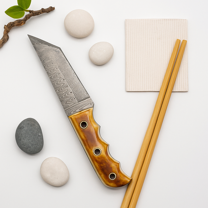 Damascus Steel Tanto Knife | Bone Handle with Leather Sheath | Hand-Forged Utility Blade