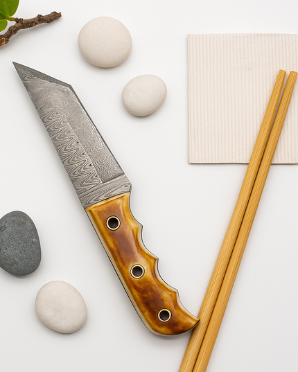 Damascus Steel Tanto Knife | Bone Handle with Leather Sheath | Hand-Forged Utility Blade