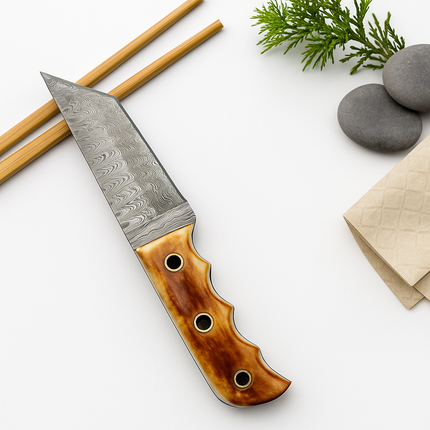 Damascus Steel Tanto Knife | Bone Handle with Leather Sheath | Hand-Forged Utility Blade