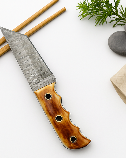 Damascus Steel Tanto Knife | Bone Handle with Leather Sheath | Hand-Forged Utility Blade