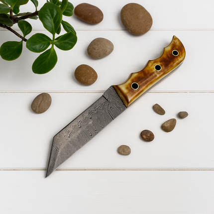 Damascus Steel Tanto Knife | Bone Handle with Leather Sheath | Hand-Forged Utility Blade
