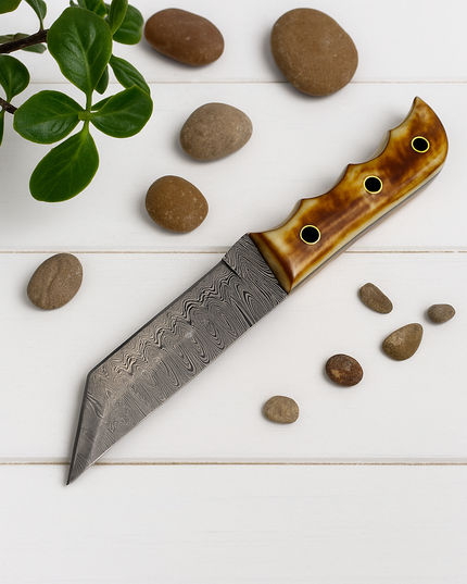 Damascus Steel Tanto Knife | Bone Handle with Leather Sheath | Hand-Forged Utility Blade