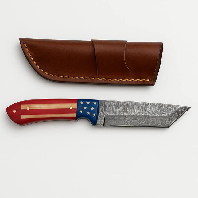 Handmade Damascus Tanto Knife – American Flag Resin Handle with Leather Sheath