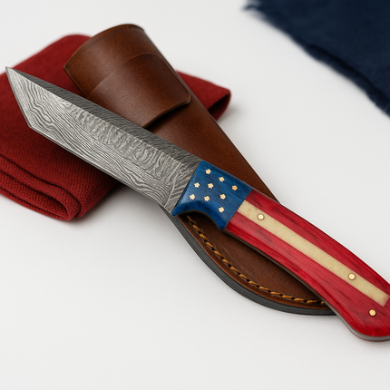 Handmade Damascus Tanto Knife – American Flag Resin Handle with Leather Sheath