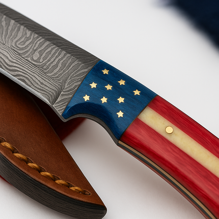 Handmade Damascus Tanto Knife – American Flag Resin Handle with Leather Sheath