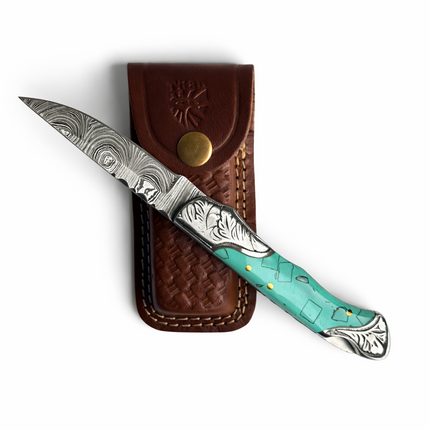 Turquoise Crest Damascus Folding Knife - TF-080