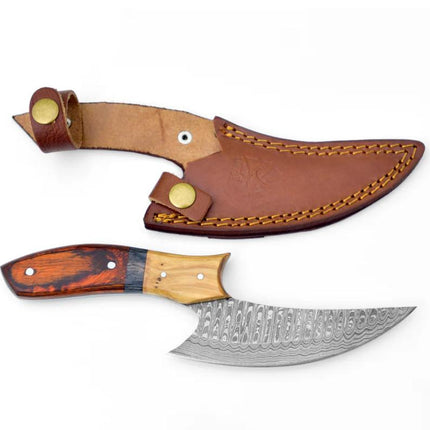 Hand-Forged Damascus Alaskan ULU Knife – Diamond Wood Handle with Leather Sheath