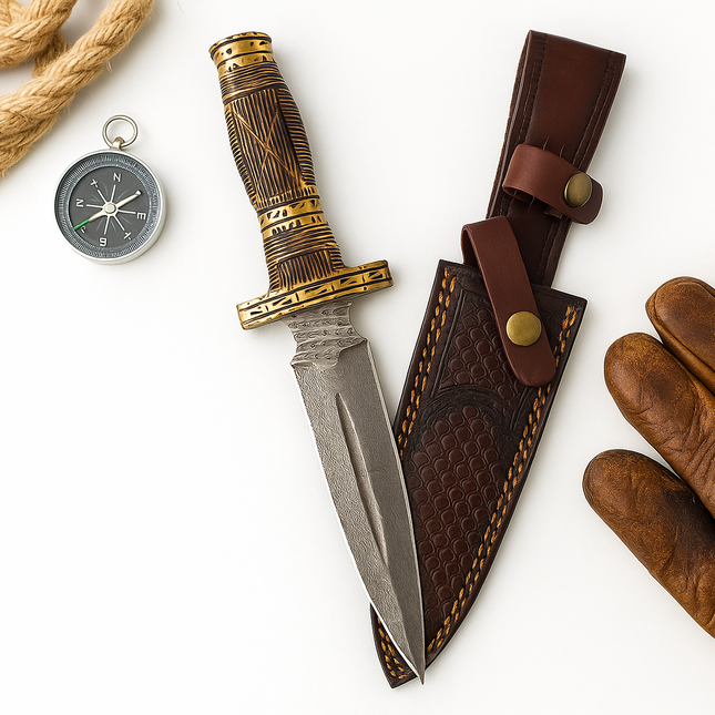 Knife with sheath, compass, and leather gloves on a white background