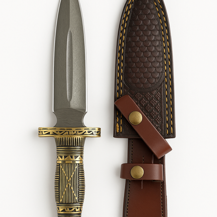 Hand-Forged Damascus Steel Outdoor Knife – Brass Engraved Handle & Leather Sheath