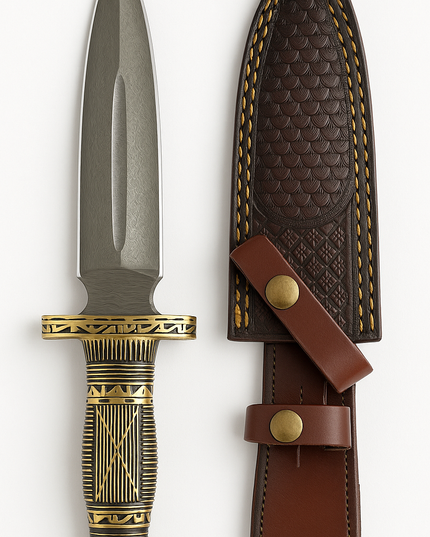 Hand-Forged Damascus Steel Outdoor Knife – Brass Engraved Handle & Leather Sheath
