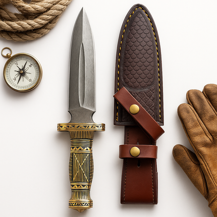 Hand-Forged Damascus Steel Outdoor Knife – Brass Engraved Handle & Leather Sheath