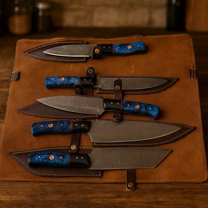 Premium 5-Piece Chef Knife Set with Leather Roll Bag – Carbon Steel Kitchen Knives