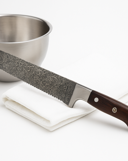 Hand-Forged Damascus Steel Serrated Kitchen Knife – Walnut Handle with Mosaic Pin & Leather Sheath