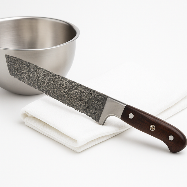 Hand-Forged Damascus Steel Serrated Kitchen Knife – Walnut Handle with Mosaic Pin & Leather Sheath