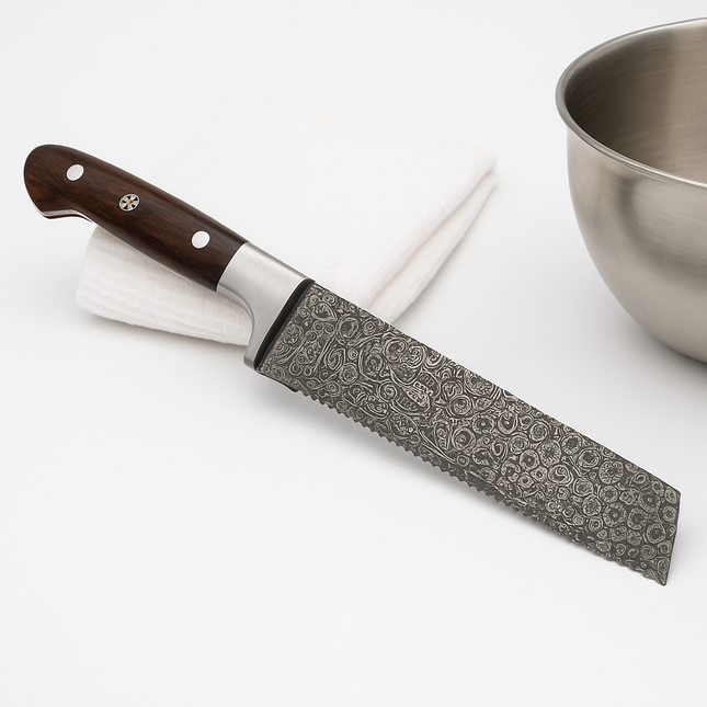 Hand-Forged Damascus Steel Serrated Kitchen Knife – Walnut Handle with Mosaic Pin & Leather Sheath