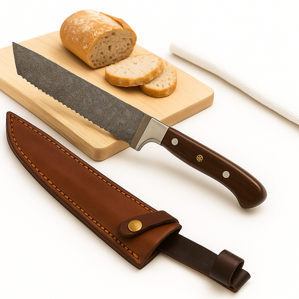 Hand-Forged Damascus Steel Serrated Kitchen Knife – Walnut Handle with Mosaic Pin & Leather Sheath