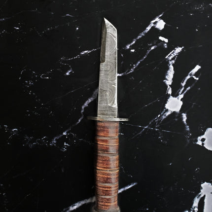 Military Style Tanto knife High Carbon Damascus Blade Hand Made Stacked Leather Handle TD-235