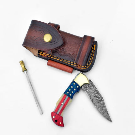 Damascus steel pocket knife Limited Run Patriot TF-055
