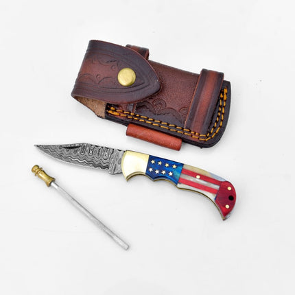 Damascus steel pocket knife Limited Run Patriot TF-055