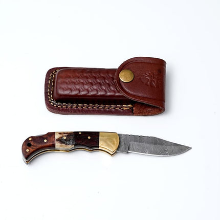 POCKET KNIFE WALNUT WOOD & STAG 6.5'' DAMASCUS STEEL KNIFE STEEL BOLSTER BACK LOCK FOLDING KNIFE TF-019