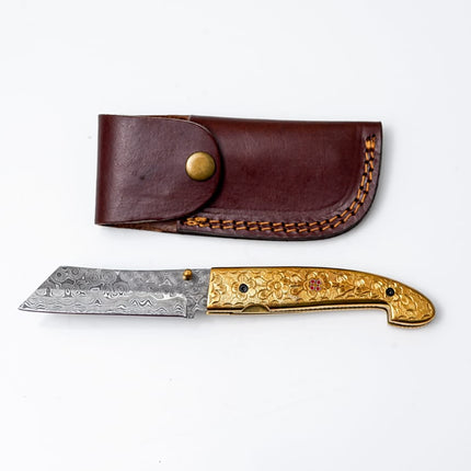 B. Golden Eagle Pocket Knife - Raindrop Damascus folding blade/ EDC/ Hand engraved TF-087